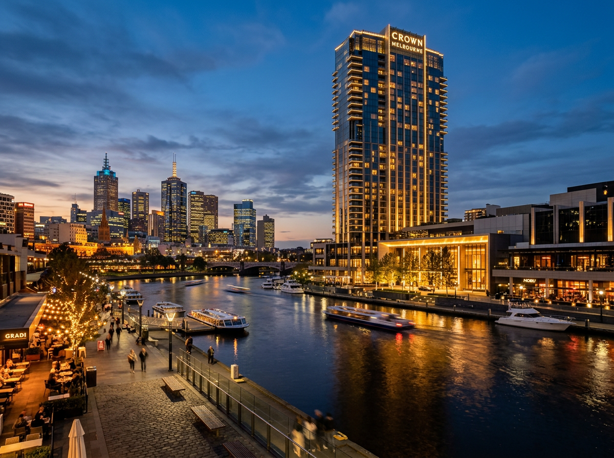 Crown Melbourne resort towers reflecting on the Yarra River