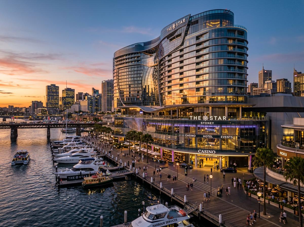 The Star Sydney waterfront resort exterior at dusk